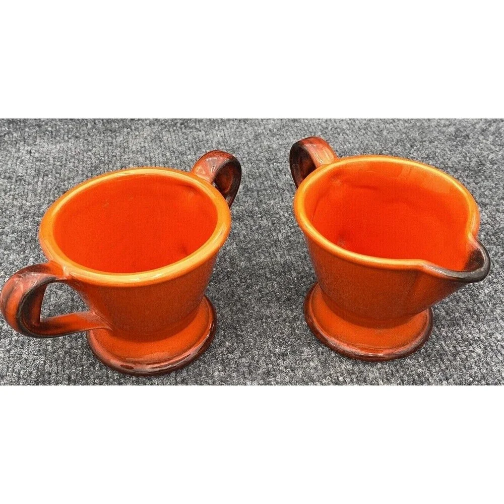 Vintage Metlox Poppy Trail Red Rooster Creamer Open Sugar Bowl Set Burnt Orange